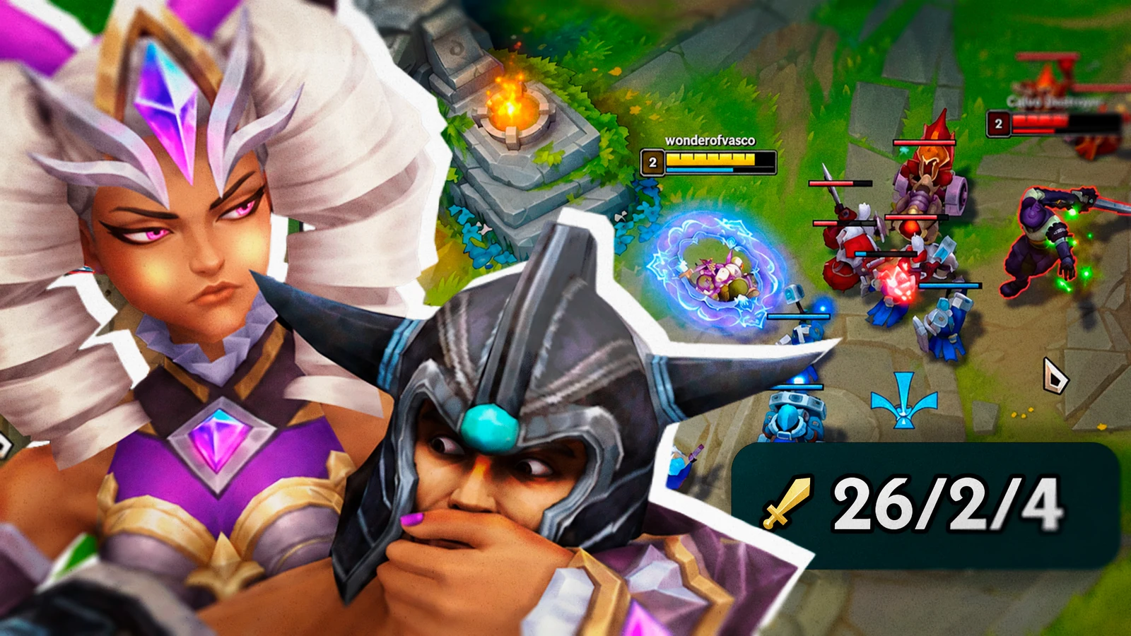 Qiyana, a helmeted champion and gameplay with a 26/2/4 score