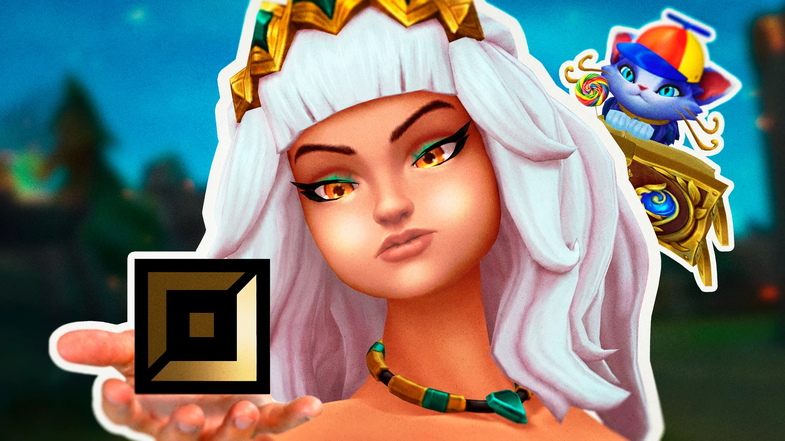 Qiyana with a gold emblem and a blue cat against a blue background