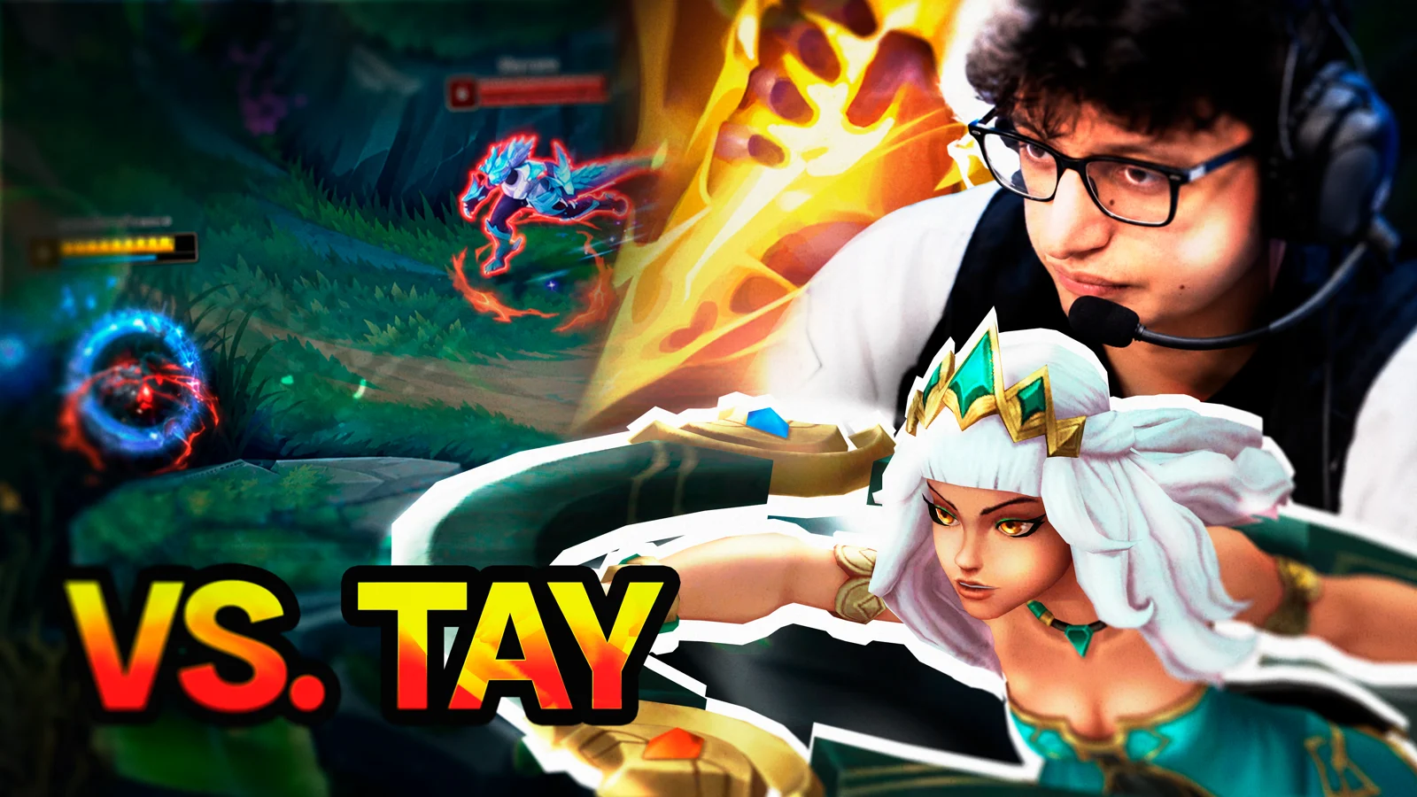 Qiyana, gameplay and Tay wearing a headset, with the text VS. TAY